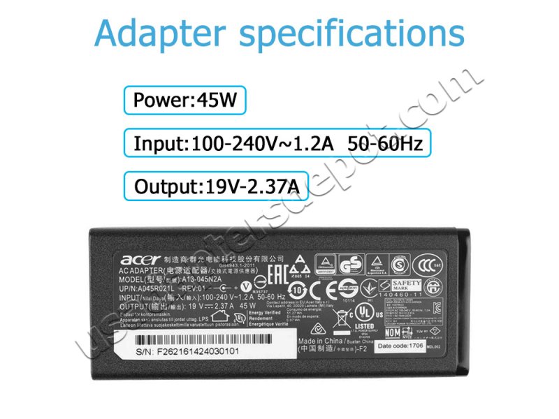 Original Acer Aspire 3 A315-22 AC Adapter Charger 45W